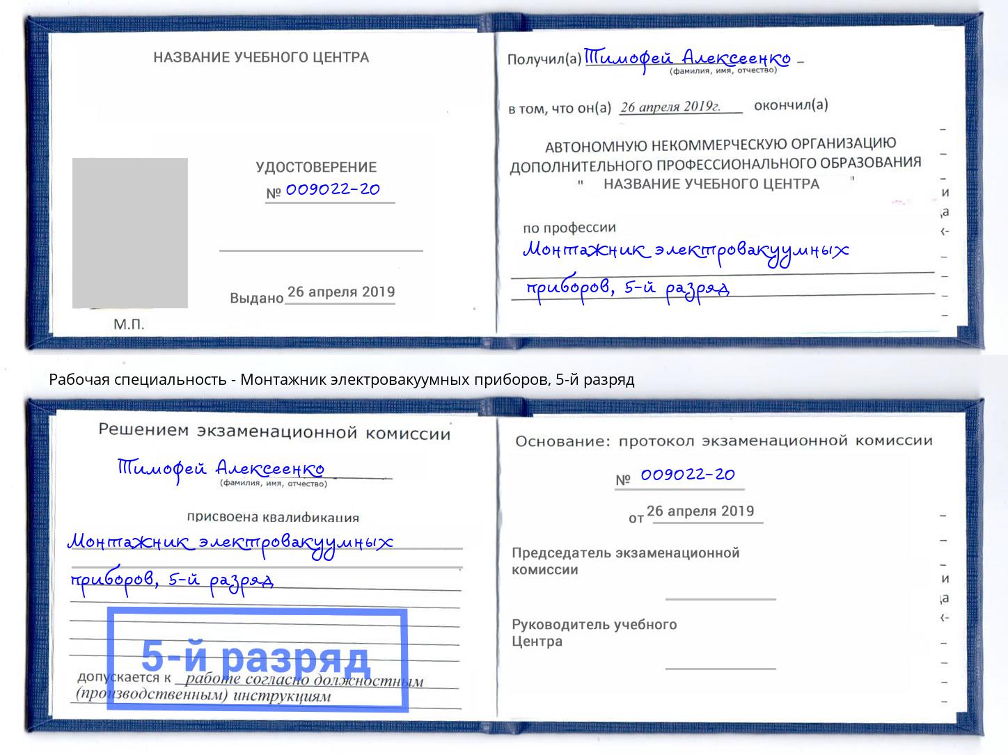 корочка 5-й разряд Монтажник электровакуумных приборов Шелехов