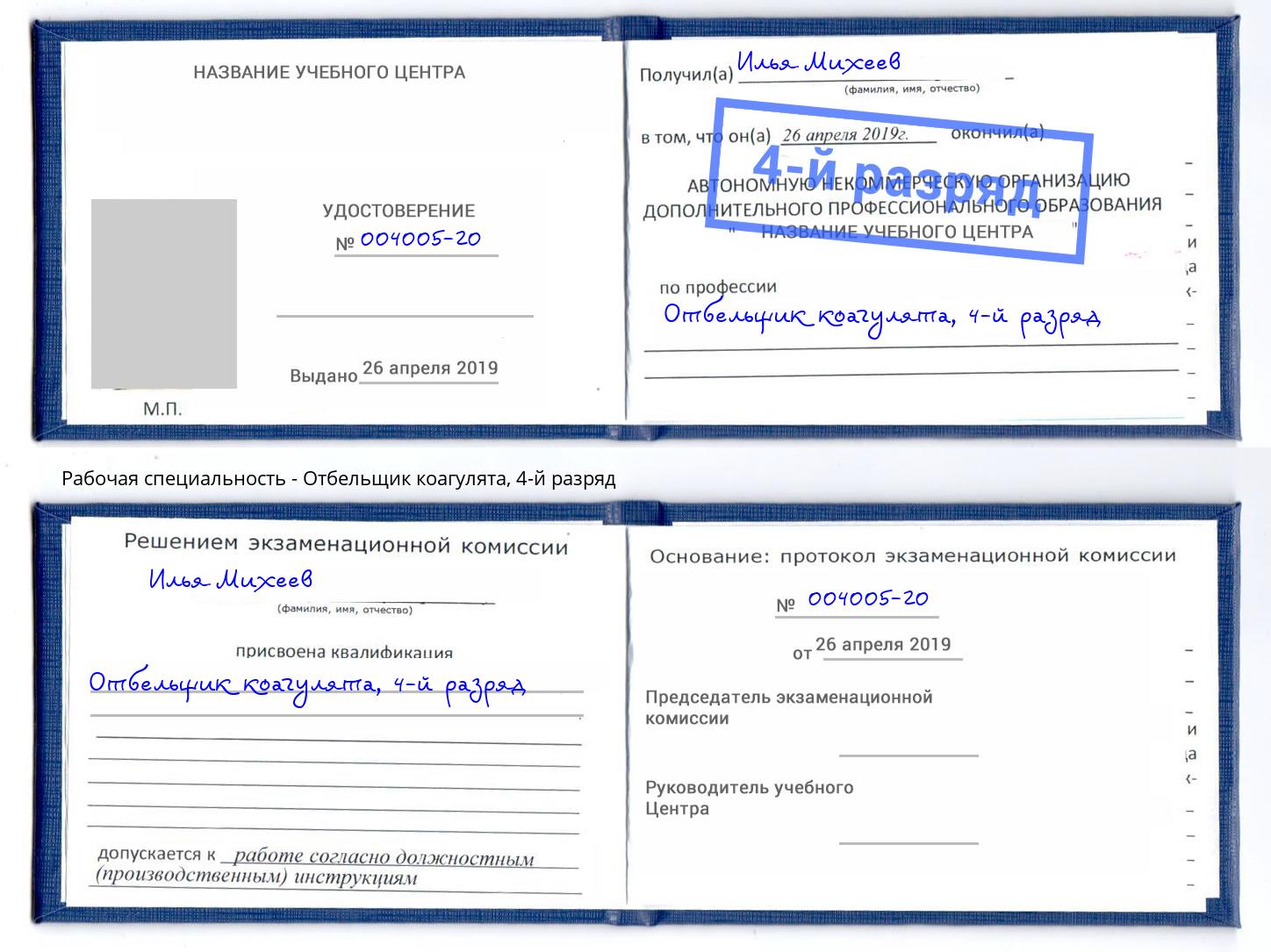 корочка 4-й разряд Отбельщик коагулята Шелехов