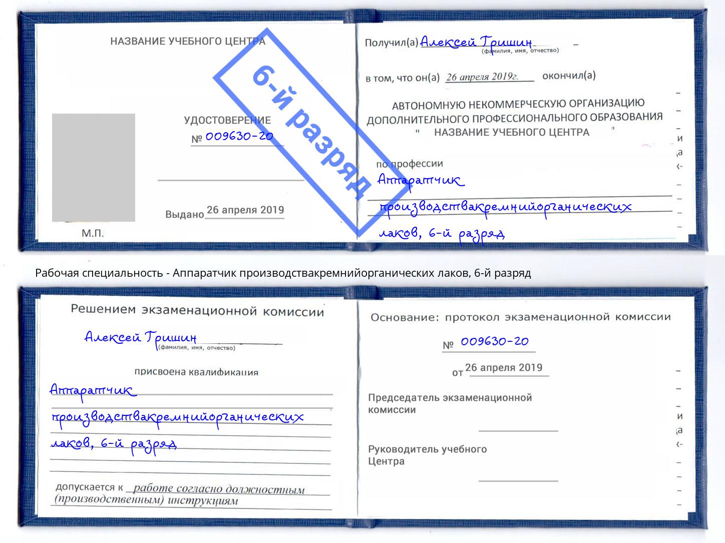 корочка 6-й разряд Аппаратчик производствакремнийорганических лаков Шелехов