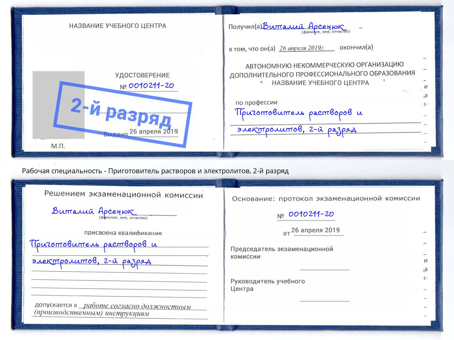 корочка 2-й разряд Приготовитель растворов и электролитов Шелехов