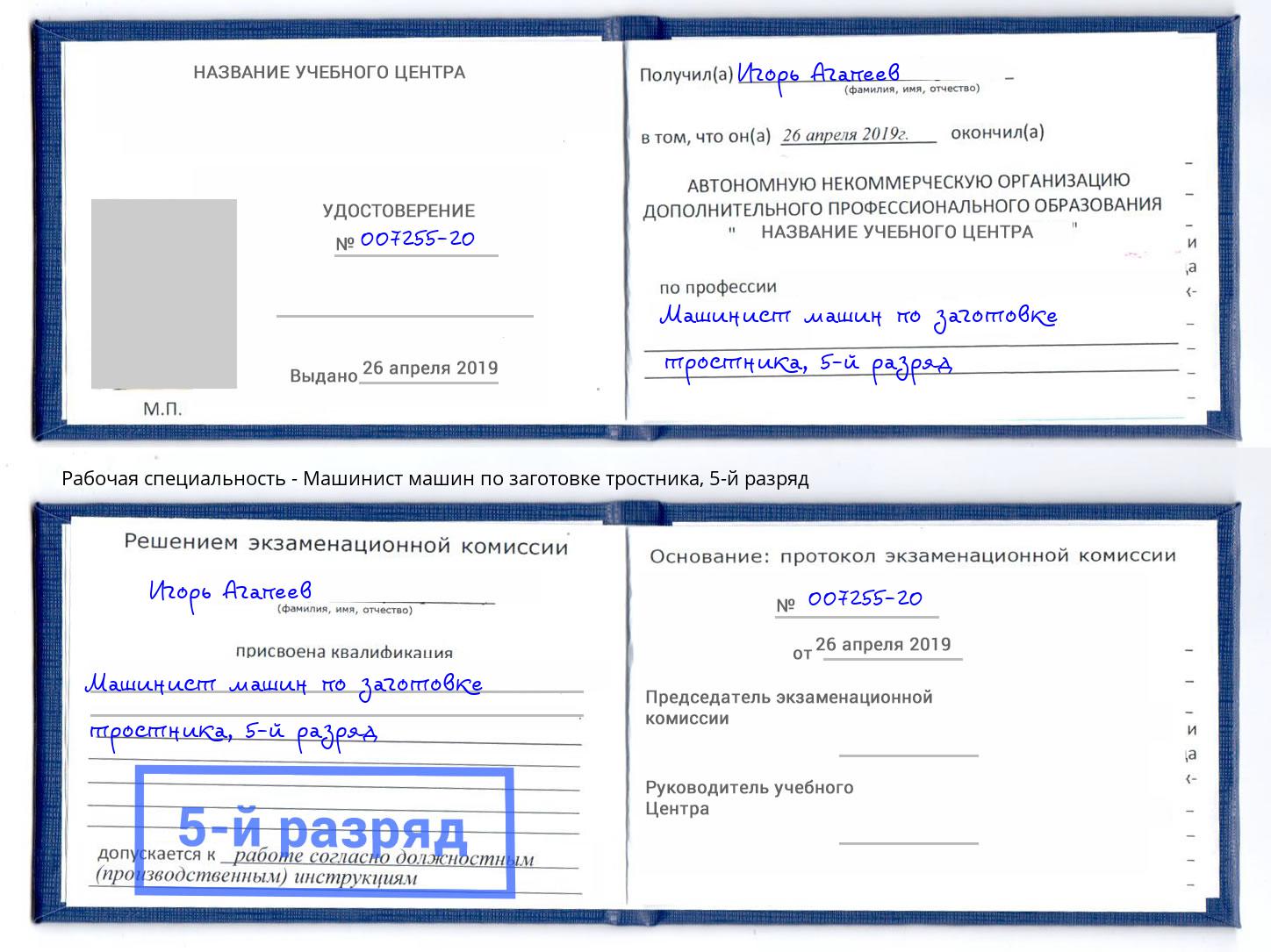 корочка 5-й разряд Машинист машин по заготовке тростника Шелехов