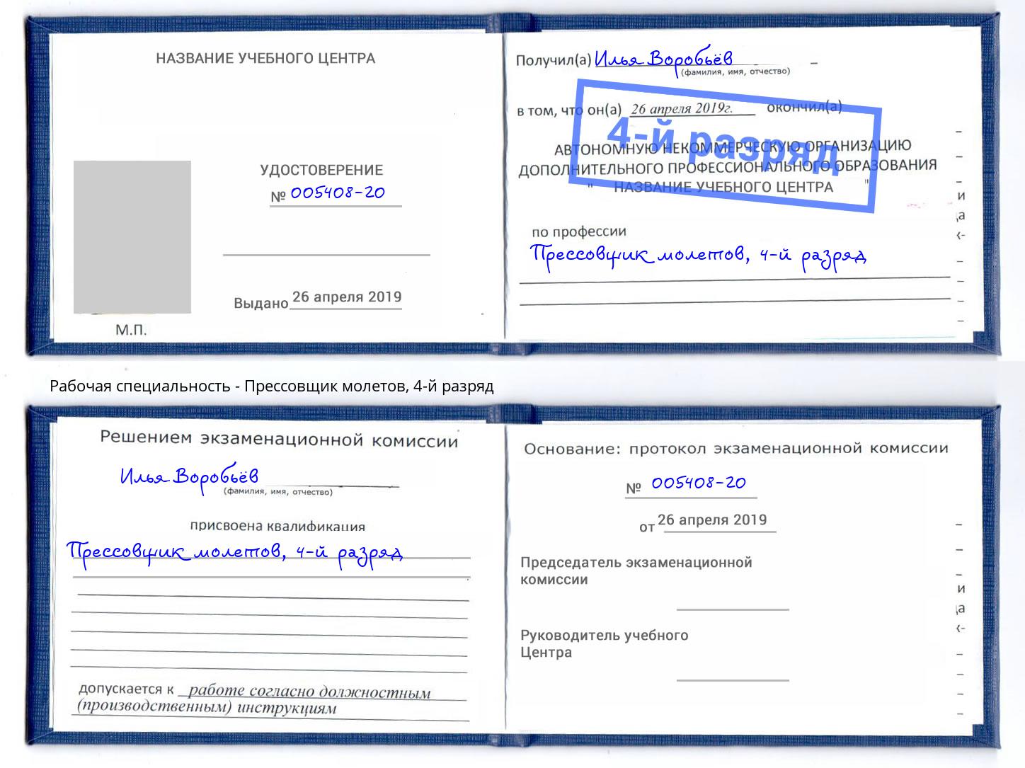 корочка 4-й разряд Прессовщик молетов Шелехов